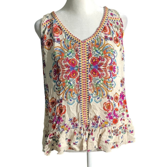 Bila Ivory Boho Peplum Tank Top Women’s Small — Floral, Embroidered, Festival