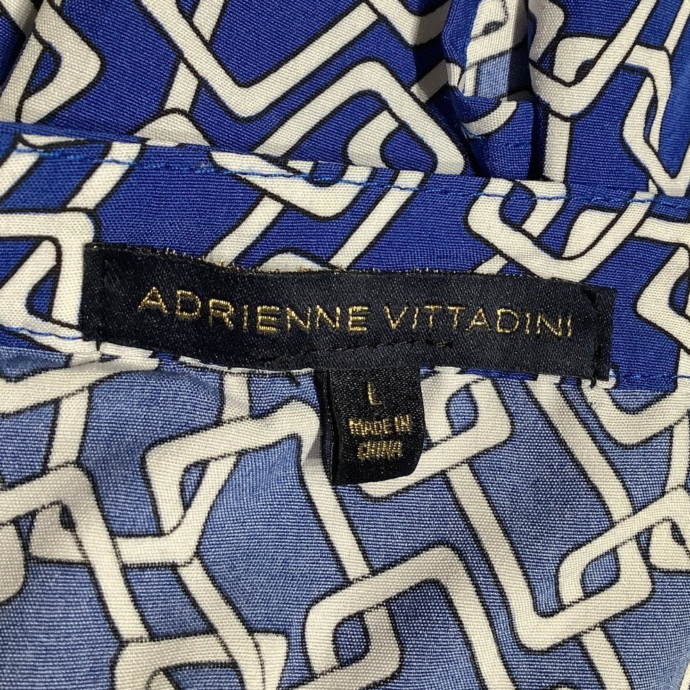 Adrienne Vittadini Blue/White Geometric Print Long Sleeve Top L Preppy, Bold