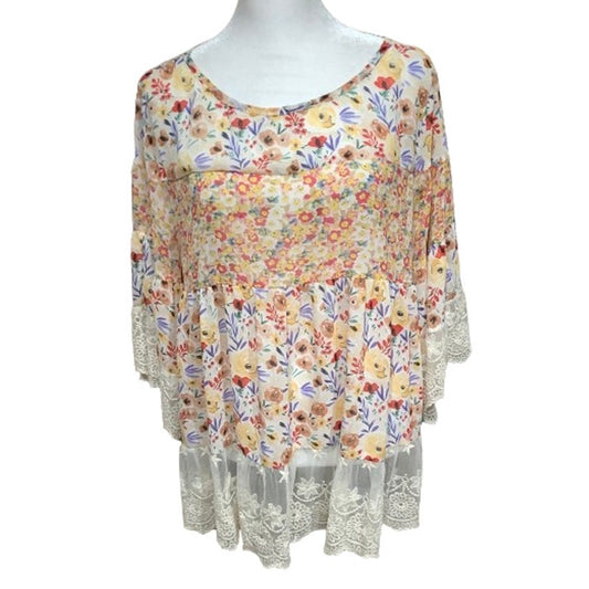 Umgee Floral Sheer Fairy Lacey Short Sleeve Top M Cottagecore Feminine Whimsical