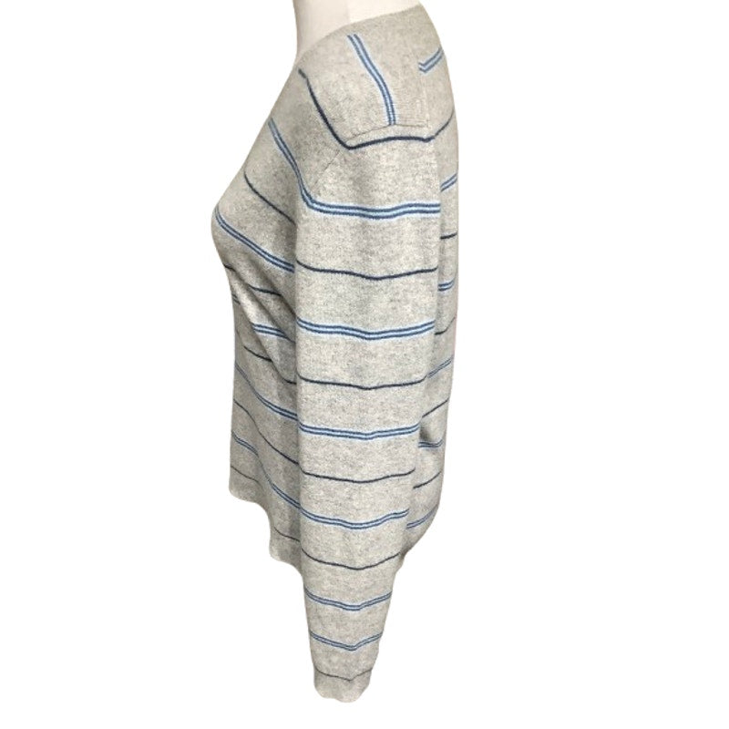 100% Cashmere Grey Sweater, Blue & White Stripes Cozy Minimalist