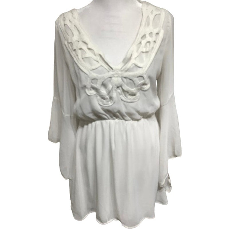 Auditions Dress White Boho Chic Bell Sleeves Embroidered V-Neck Fairy Whymsical