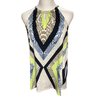 Alfani Women's Sleeveless Top, Size M, Boho, Tropical, Geometric, Lime/Blue/Tan