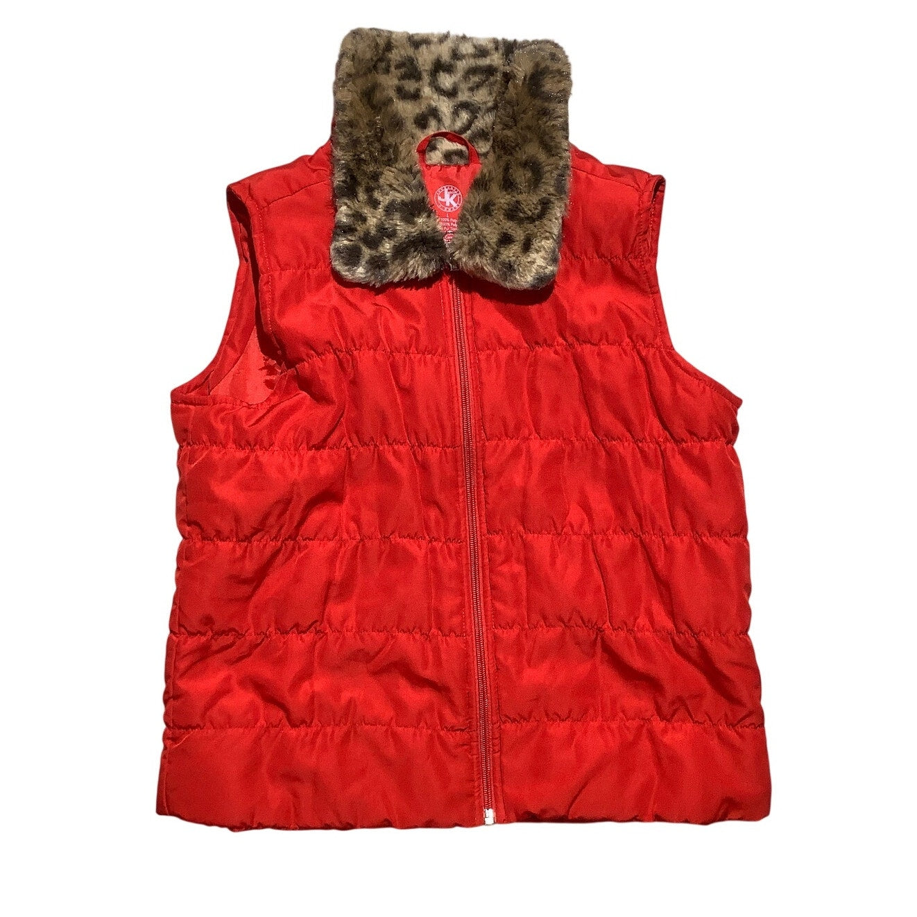 J Khaki Red Puffer Vest Girls Size Large — Faux Fur Collar, Full Zip, Cozy