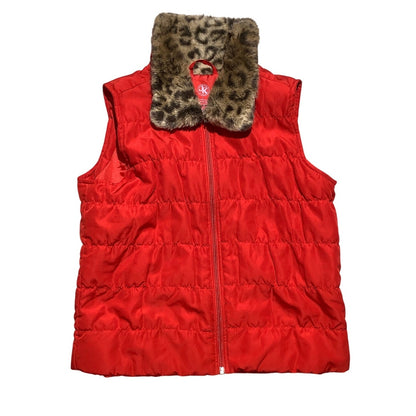 J Khaki Red Puffer Vest Girls Size Large — Faux Fur Collar, Full Zip, Cozy