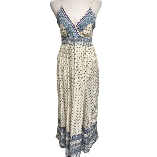 DEVI Cream Maxi Dress with Blue Floral Print, Size S/M - Boho, Flowing, Summer