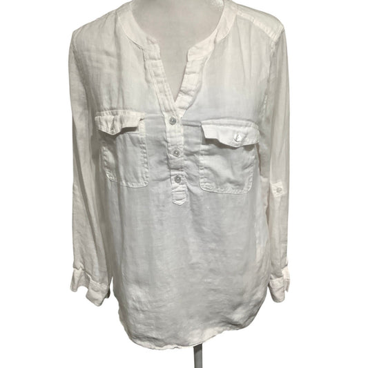 Talbots Medium Petites White Linen Button-Up Top - Minimalist, Breezy, Classic