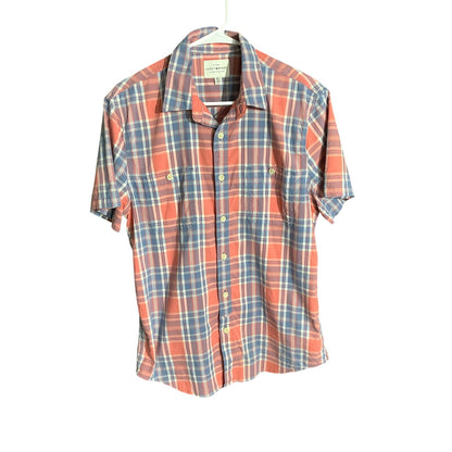 Lucky Brand Men's M Coral Blue Plaid Short Sleeve Button Down Shirt