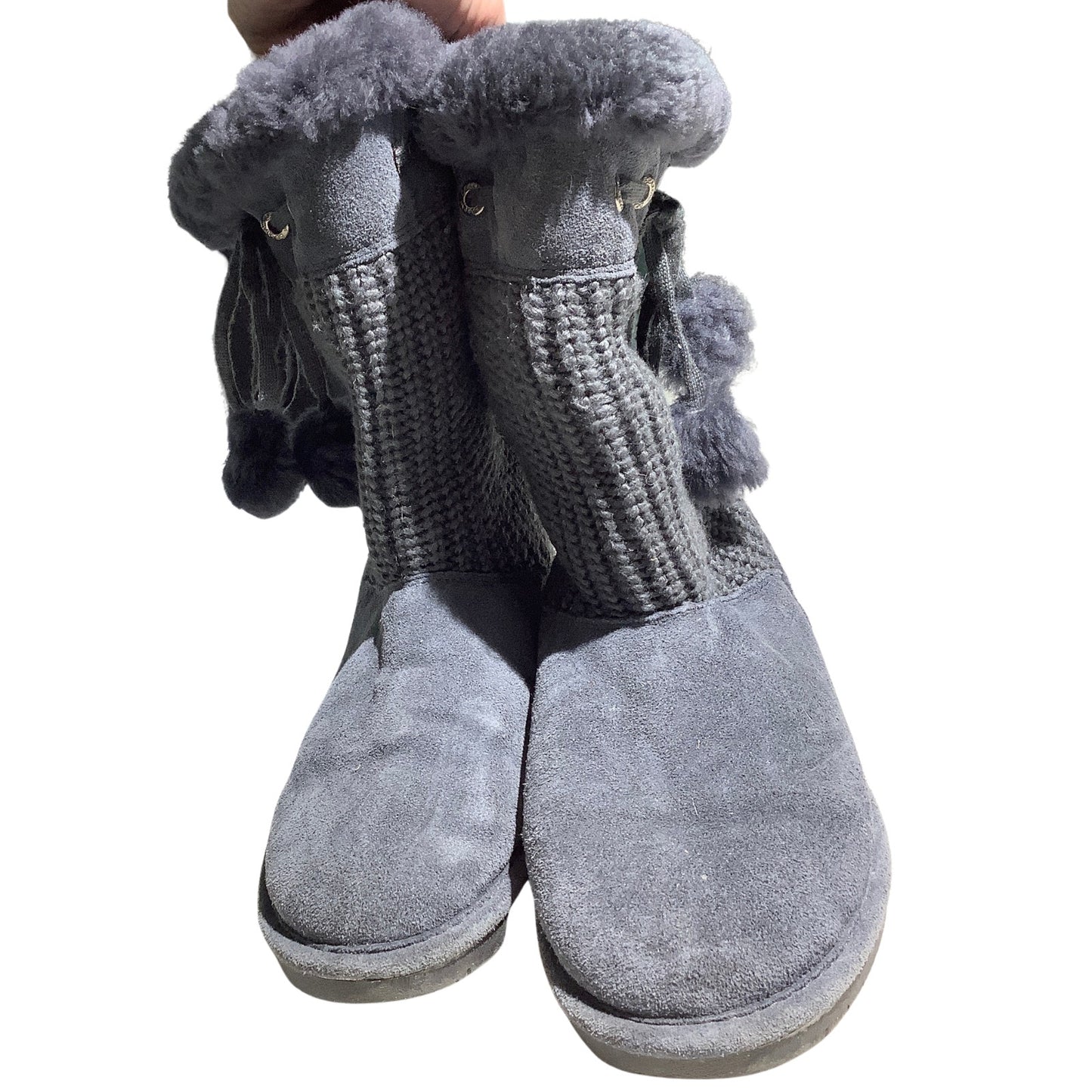 Bearpaw Gray Suede Knit Tall Boots Women’s 9 — Cozy, Winter, Fur-Lined