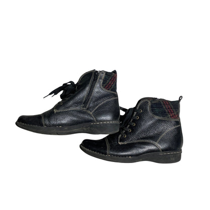 Clarks Whistle Bea Ankle Boots Black Leather Women’s 8M — Lace Up, Plaid, Casual