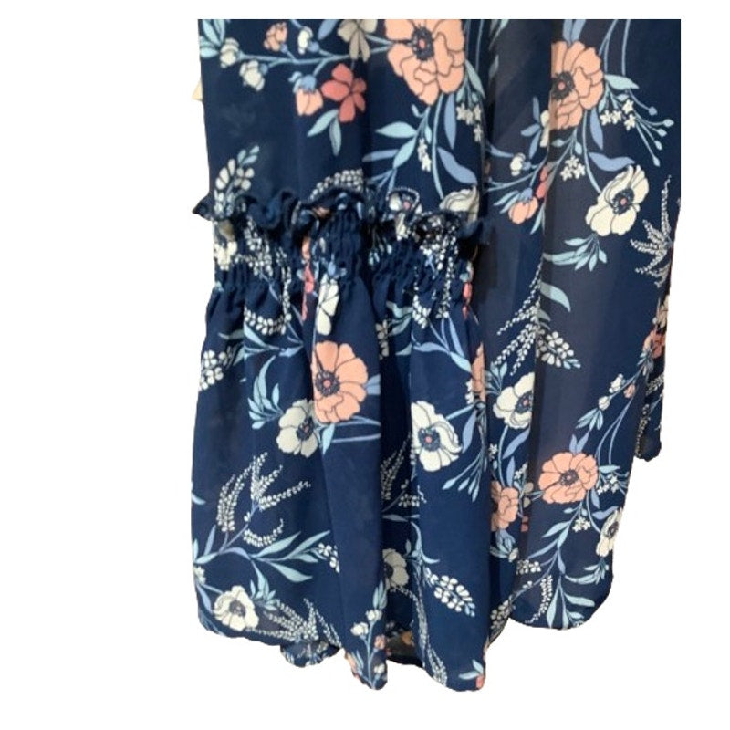 Lily White Floral Long Flowy Bell Sleeve Top Navy Blue L Boho Chic Feminine