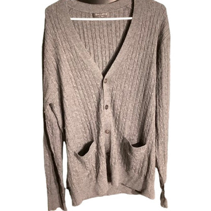 Kallspin Men’s Charcoal Gray Cardigan Large Tall –V-Neck, Cable Knit, Wool Blend