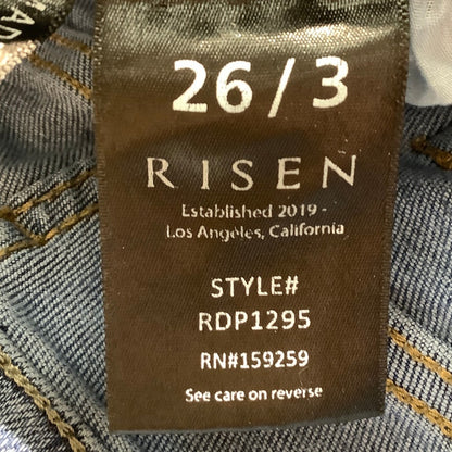 Risen Denim Blue Distressed Flare Jeans Women 26/3 — Boho, Frayed, Vintage Style