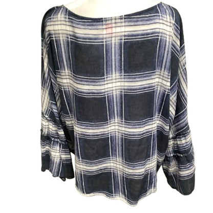 Vince Camuto Plaid Blue Black White Sheer Dolman Sleeve Top L Boho,Preppy, Comfy