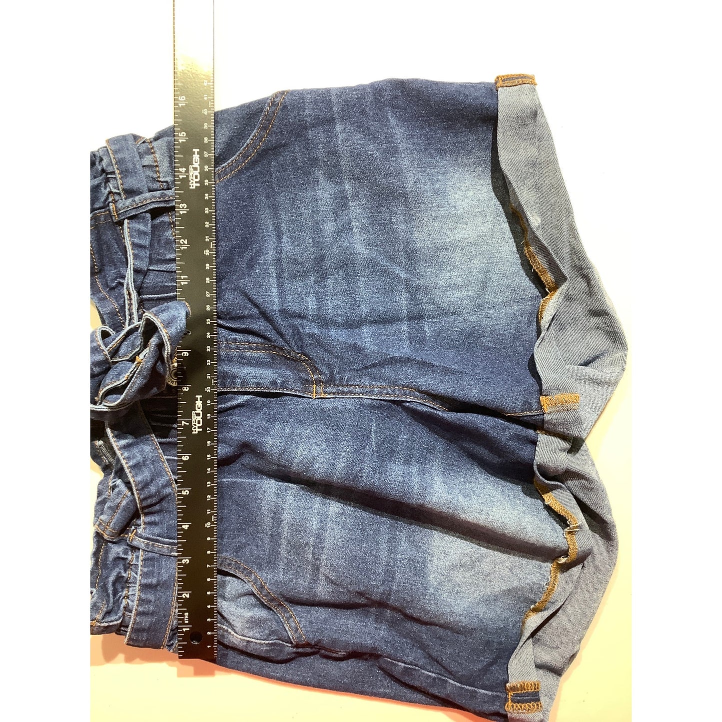 Almost Famous Denim Shorts Women’s Size M – Paperbag, Rolled Hem, Stretch