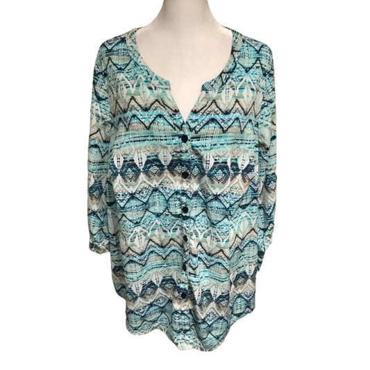 Catherines Women's Blue/Green Geometric Button-Up Top 0X (14/16W) Boho Plus Size