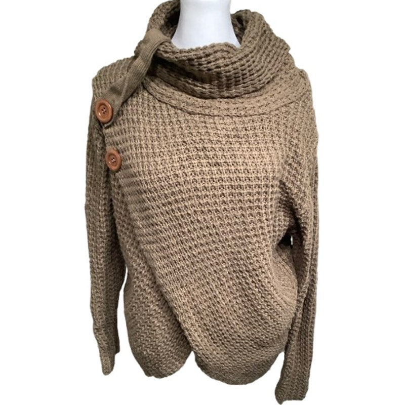 Zenana Brown Waffle Knit Turtleneck Sweater Small Cozy, Tunic Style, Minimalist