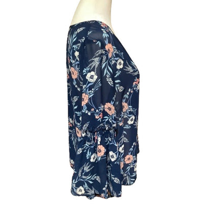 Lily White Floral Long Flowy Bell Sleeve Top Navy Blue L Boho Chic Feminine