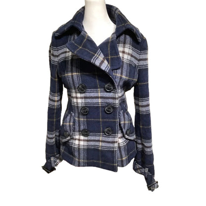 E-Land Blue Plaid Short Peacoat - Preppy, Classic, Timeless