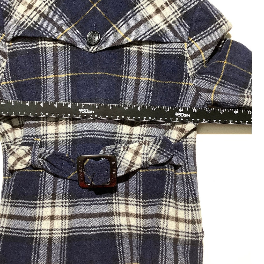 E-LAND Blue Plaid Double Breasted Peacoat XS (160/84) — Preppy, Classic, Fall