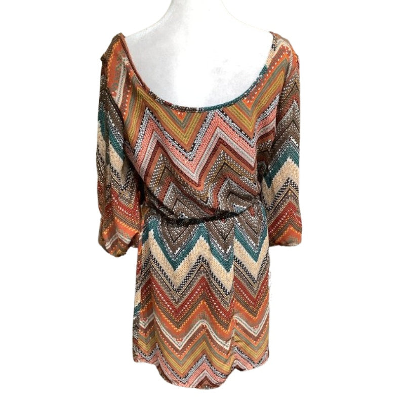 Bongo Boho Fall Chevron Dress – Multicolor, 3/4 Sleeve, Flowy – Size L