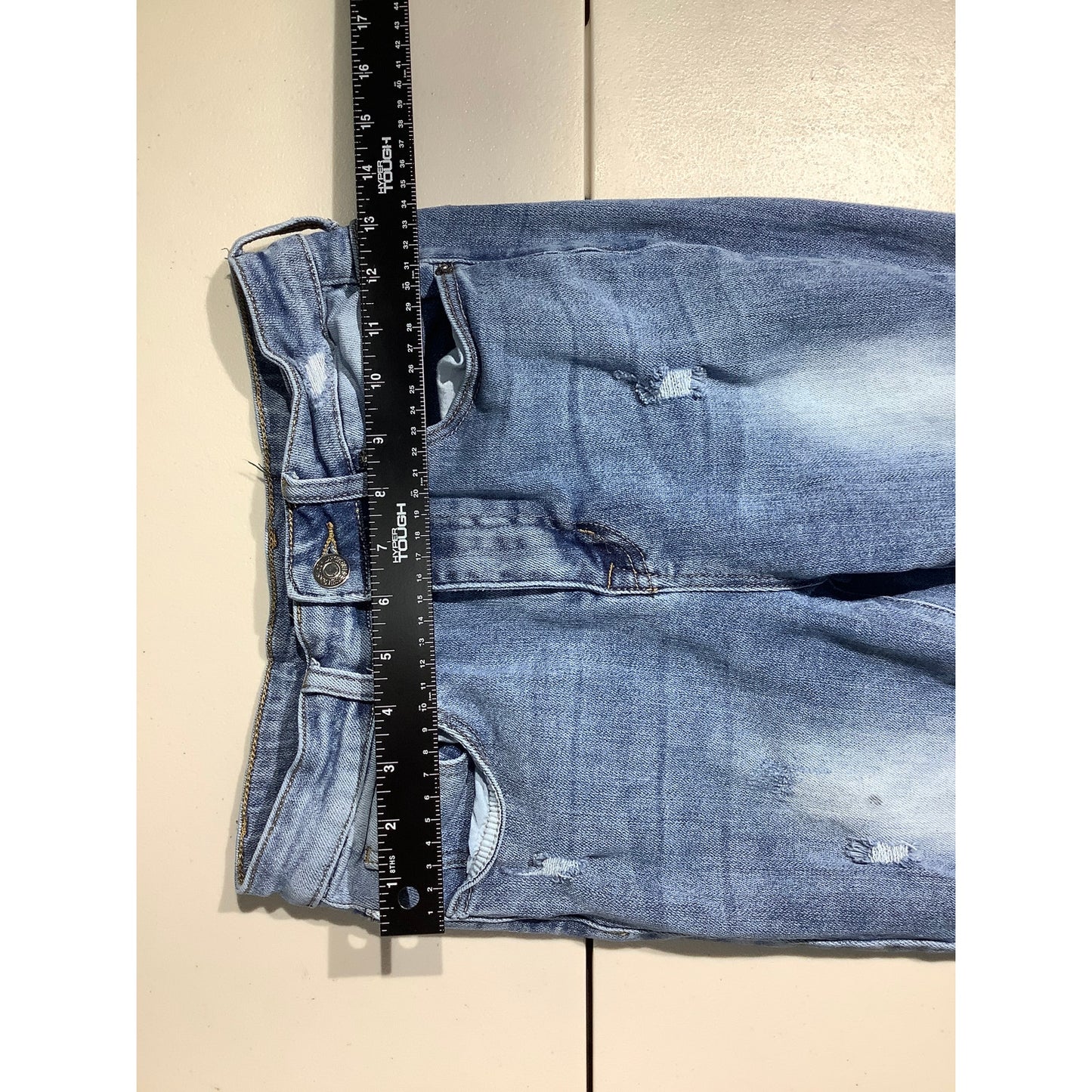 Risen Denim Blue Distressed Flare Jeans Women 26/3 — Boho, Frayed, Vintage Style