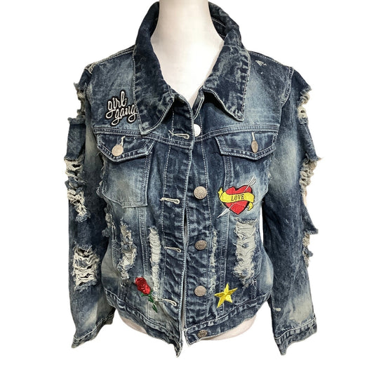 DAZI Grunge Girl Gang Jean Jacket 2X - Ripped, Patches, Distressed, 80s Vintage