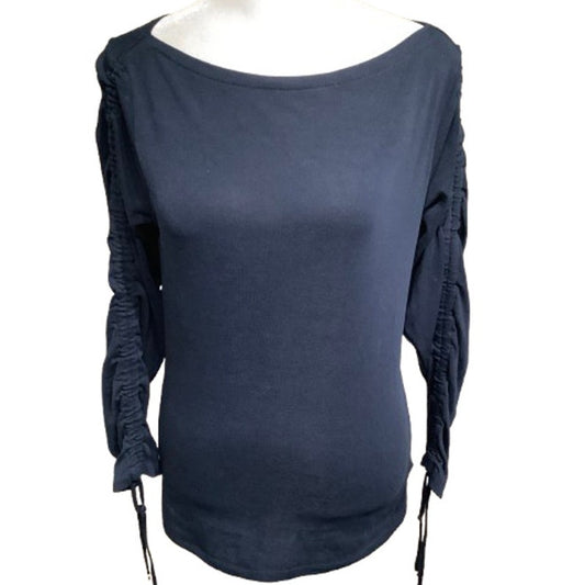 Lauren Ralph Lauren Navy Long Sleeve Top with Ruched Sleeves and Ties, Size M