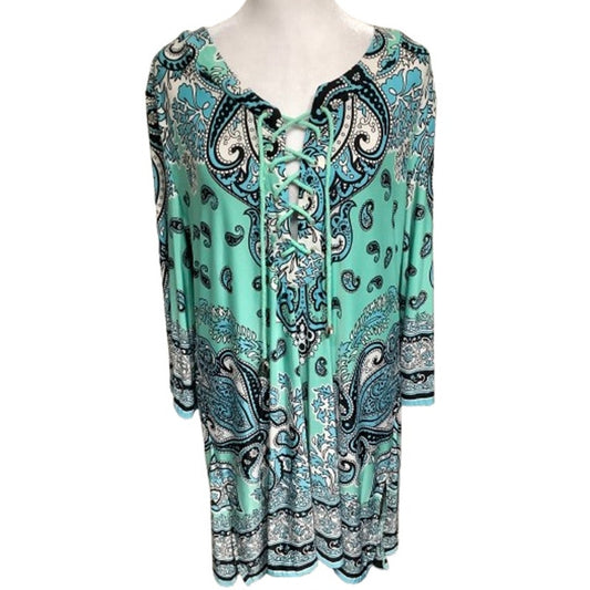 Beach Break Paisley Midi Dress with Tie Front, Size L – Boho, Feminine, Vibrant