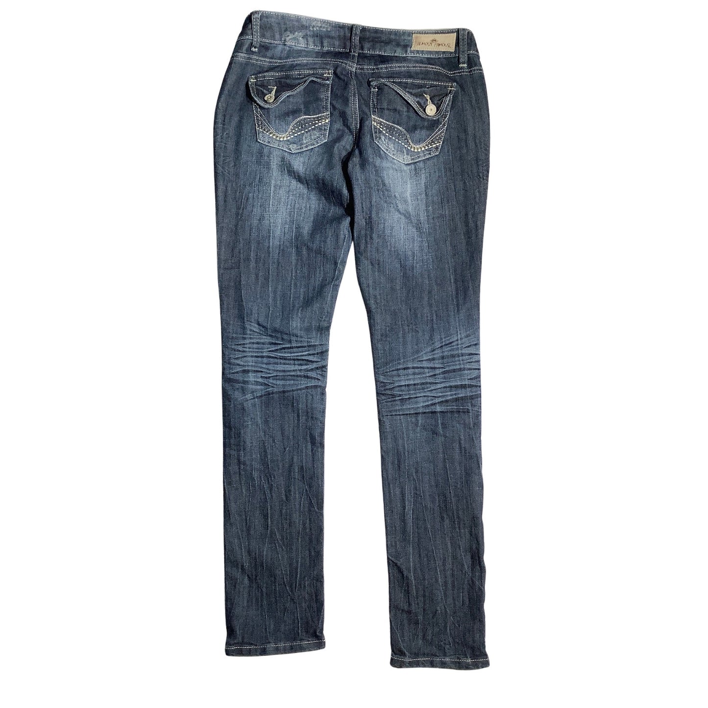 Almost Famous Low Rise Skinny Jeans Women 9 — Embellished, Flap Pockets, Y2K