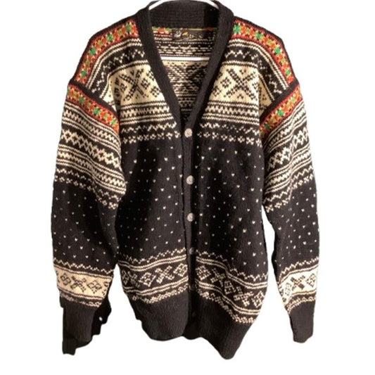 Noise Knit Wool Cardigan Black Multi-Color – Vintage, Nordic, Button Front