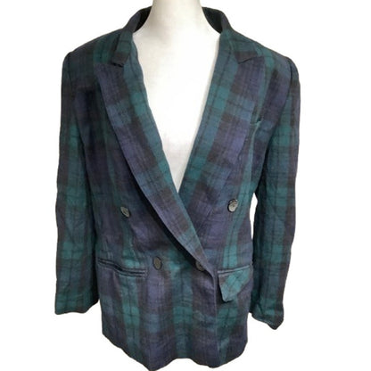 Giorgio Sant'Angelo Blue Green Plaid Wool Peacoat 12, Vintage, Preppy, Cozy