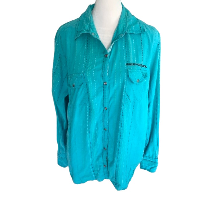 Harley Davidson Cyan Button-Up Shirt Stitching M Casual, Streetwear, Biker