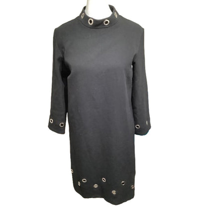 Derhy Black Dress with Silver Grommet Details S - Edgy, Minimalist, Contemporary