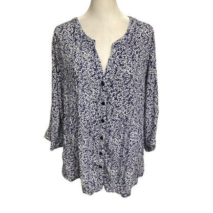 Cynthia Rowley 3X Blue White Floral Button-Up Top | Boho, Casual, Plus Size