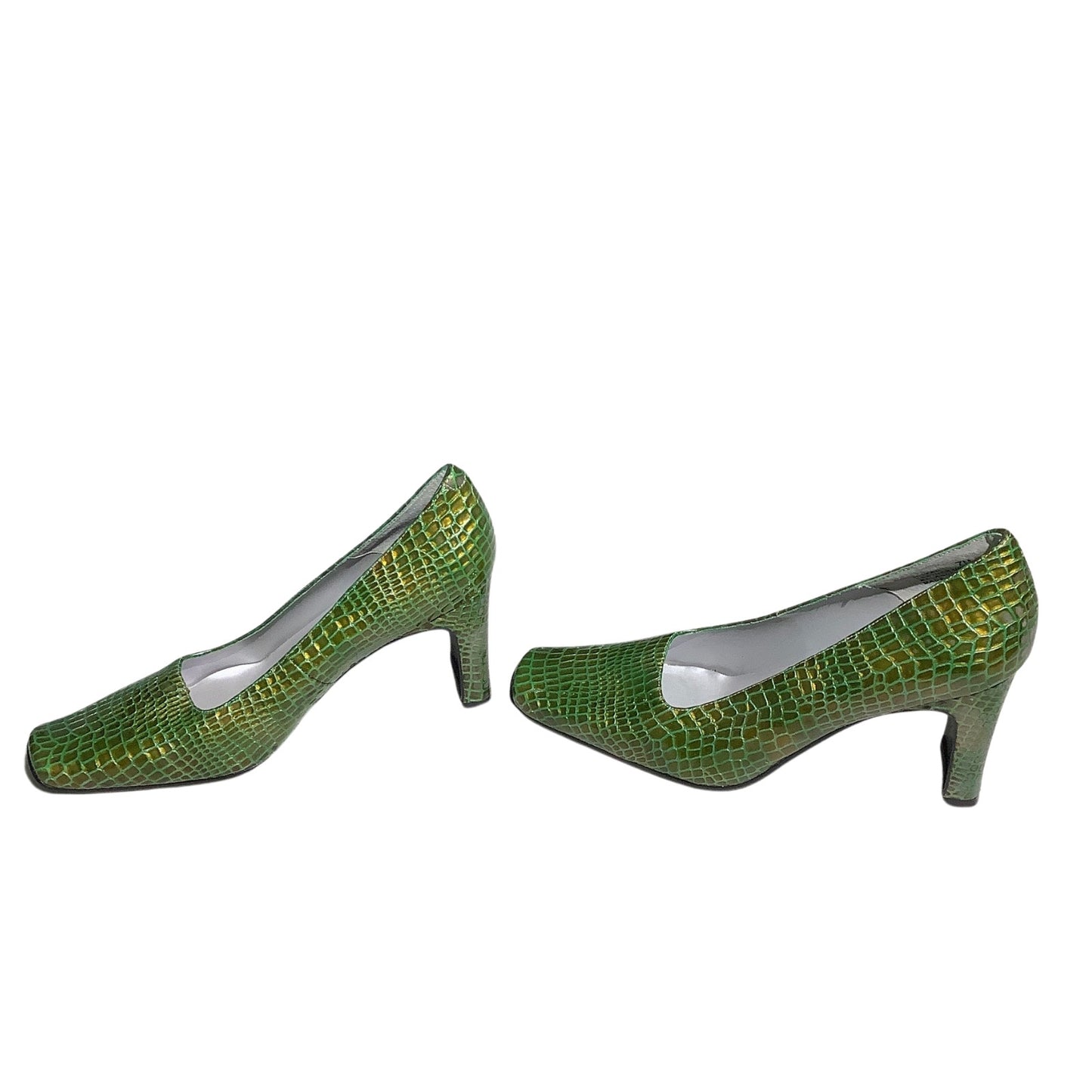 Bellini Green Snake Print Heels Women’s Size 7M – Retro, Textured, Square Toe