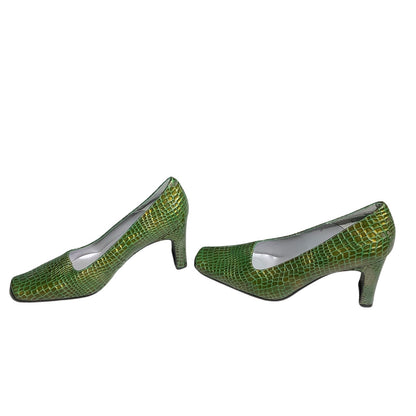 Bellini Green Snake Print Heels Women’s Size 7M – Retro, Textured, Square Toe