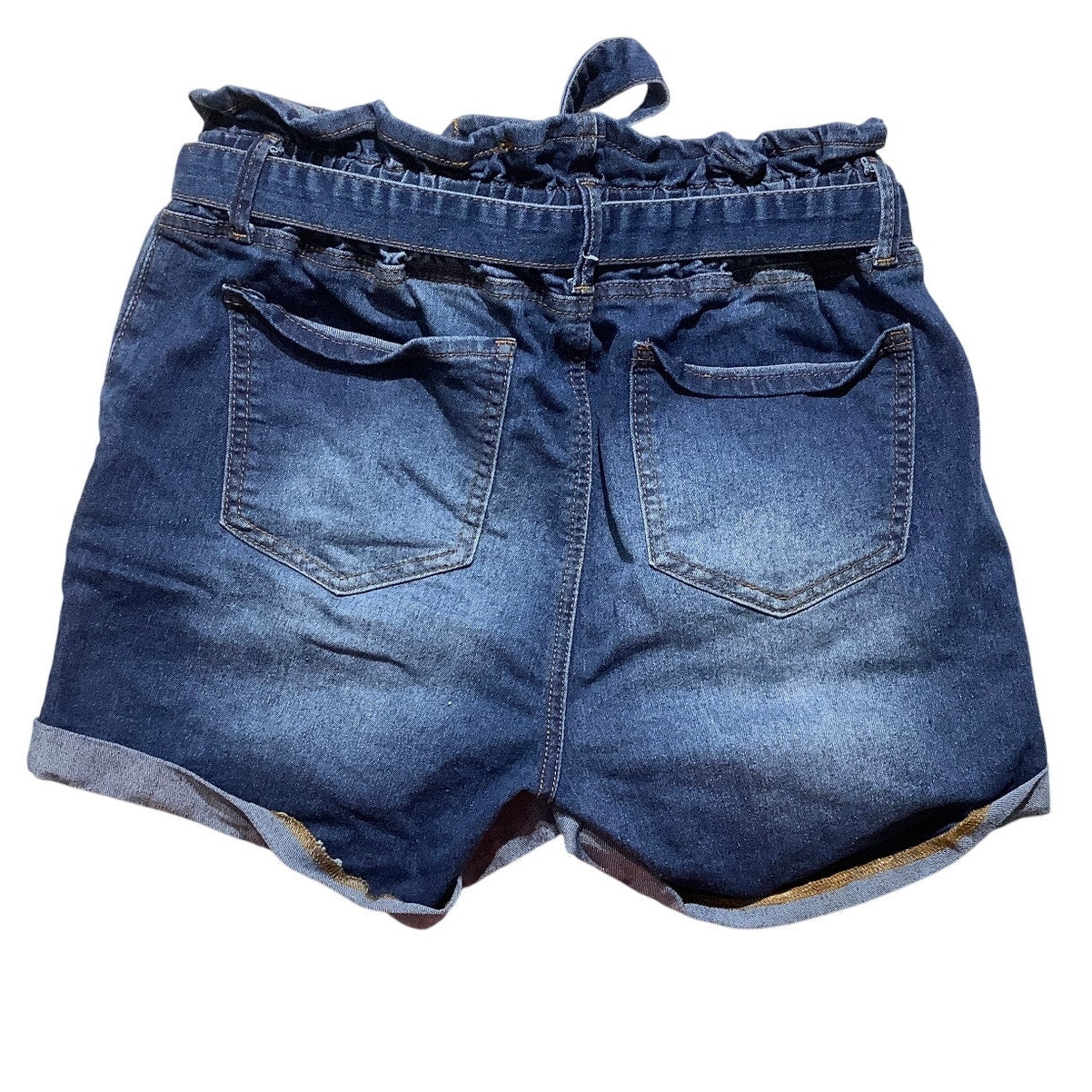 Almost Famous Denim Shorts Women’s Size M – Paperbag, Rolled Hem, Stretch