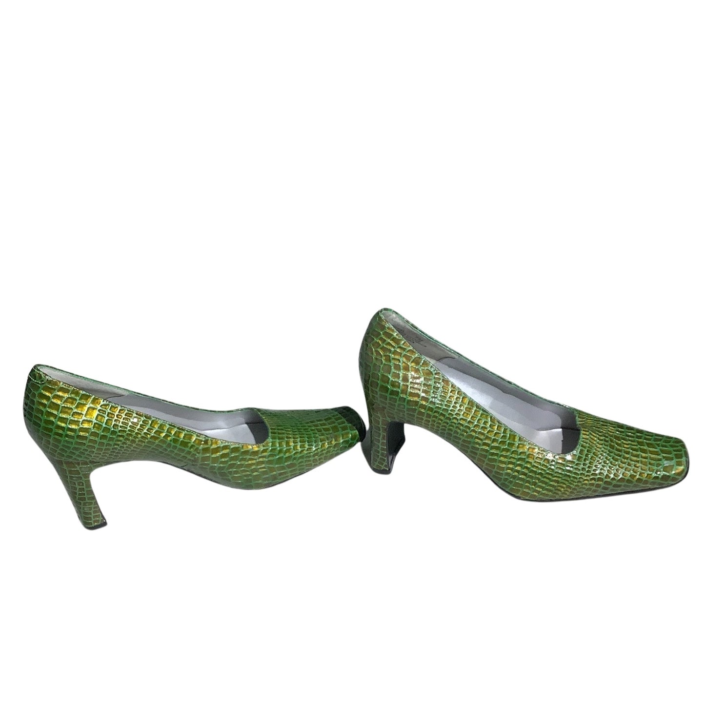 Bellini Green Snake Print Heels Women’s Size 7M – Retro, Textured, Square Toe