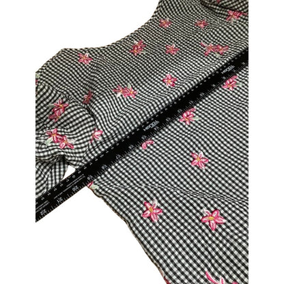 Isela Black, White, and Pink Gingham Floral Embroidered Top - Size M