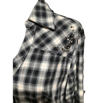 a.n.a Black & Tan Plaid Long Sleeve Top with Stud Details - Sz L Western Country