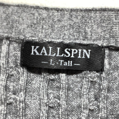 Kallspin Men’s Gray Cardigan Large Tall –V-Neck, Cable Knit, Cashmere Wool Blend
