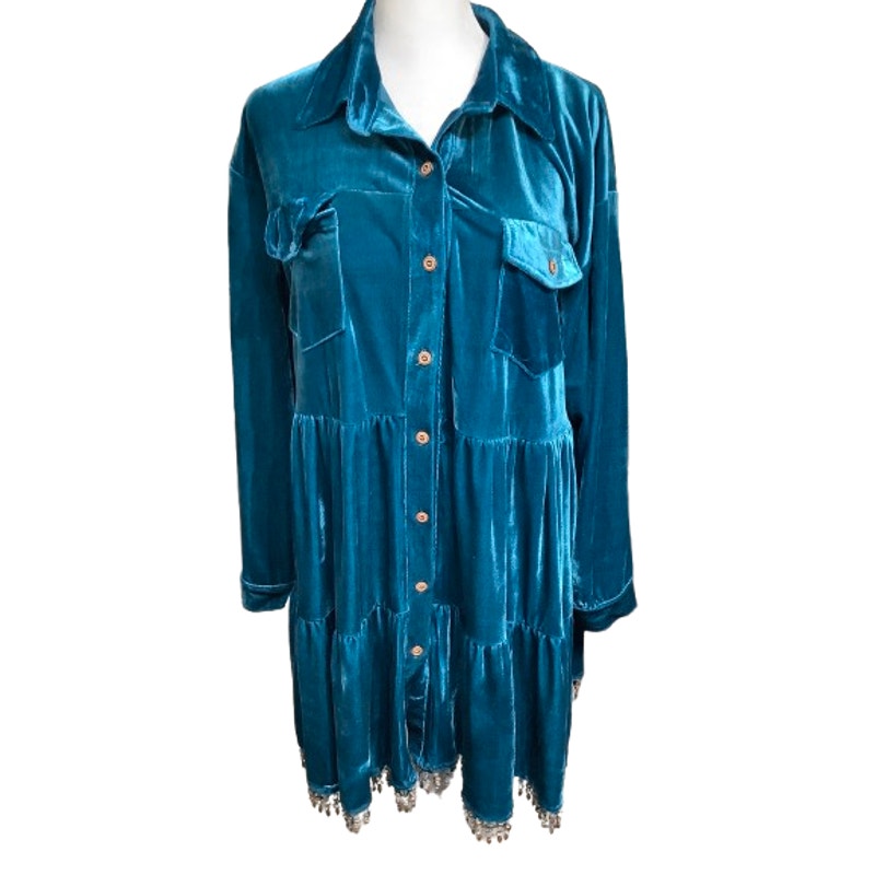 Unbranded Velvet Oversized Lagenlook Boho Dress Greenish Blue Beaded Teal Size L