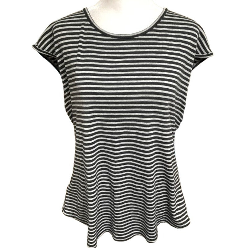 Tommy Bahama Black & Grey Striped Short Sleeve Top M Casual Minimalist, Everyday