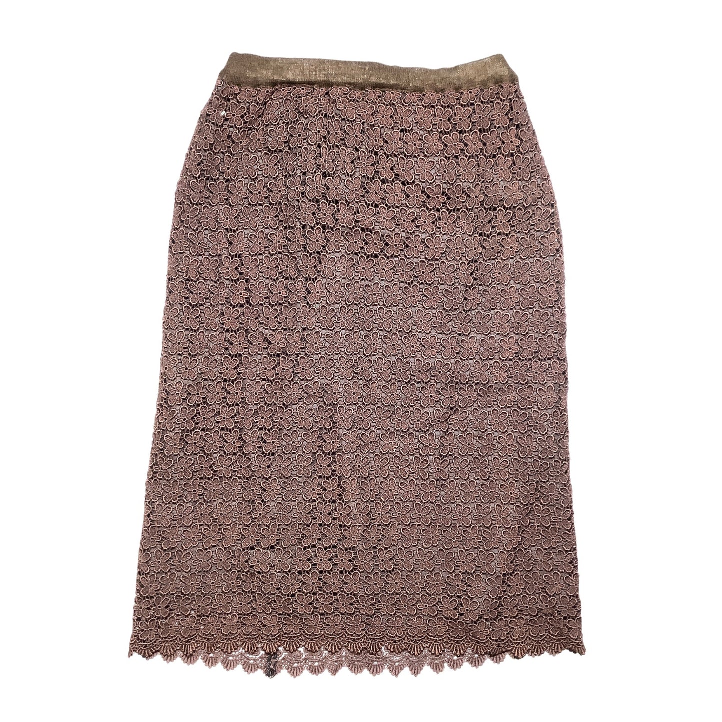 Brown Floral Lace Midi Skirt Women’s — Lined, Drawstring Waist, Elegant