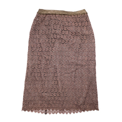 Brown Floral Lace Midi Skirt Women’s — Lined, Drawstring Waist, Elegant