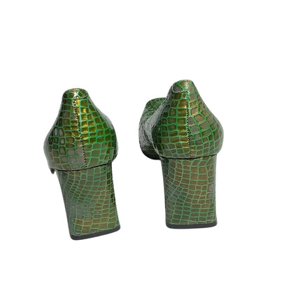 Bellini Green Snake Print Heels Women’s Size 7M – Retro, Textured, Square Toe
