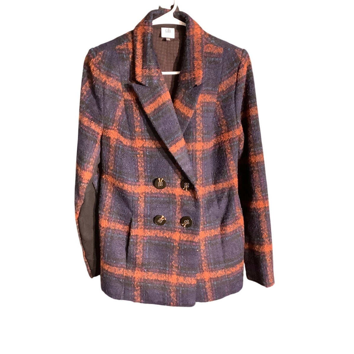 Cabi Women's M Navy Orange Plaid Checkmate Wool Blend Double Breasted Jacket