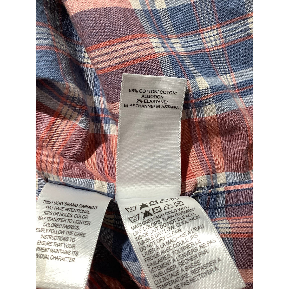 Lucky Brand Men's M Coral Blue Plaid Short Sleeve Button Down Shirt