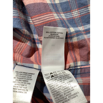 Lucky Brand Men's M Coral Blue Plaid Short Sleeve Button Down Shirt