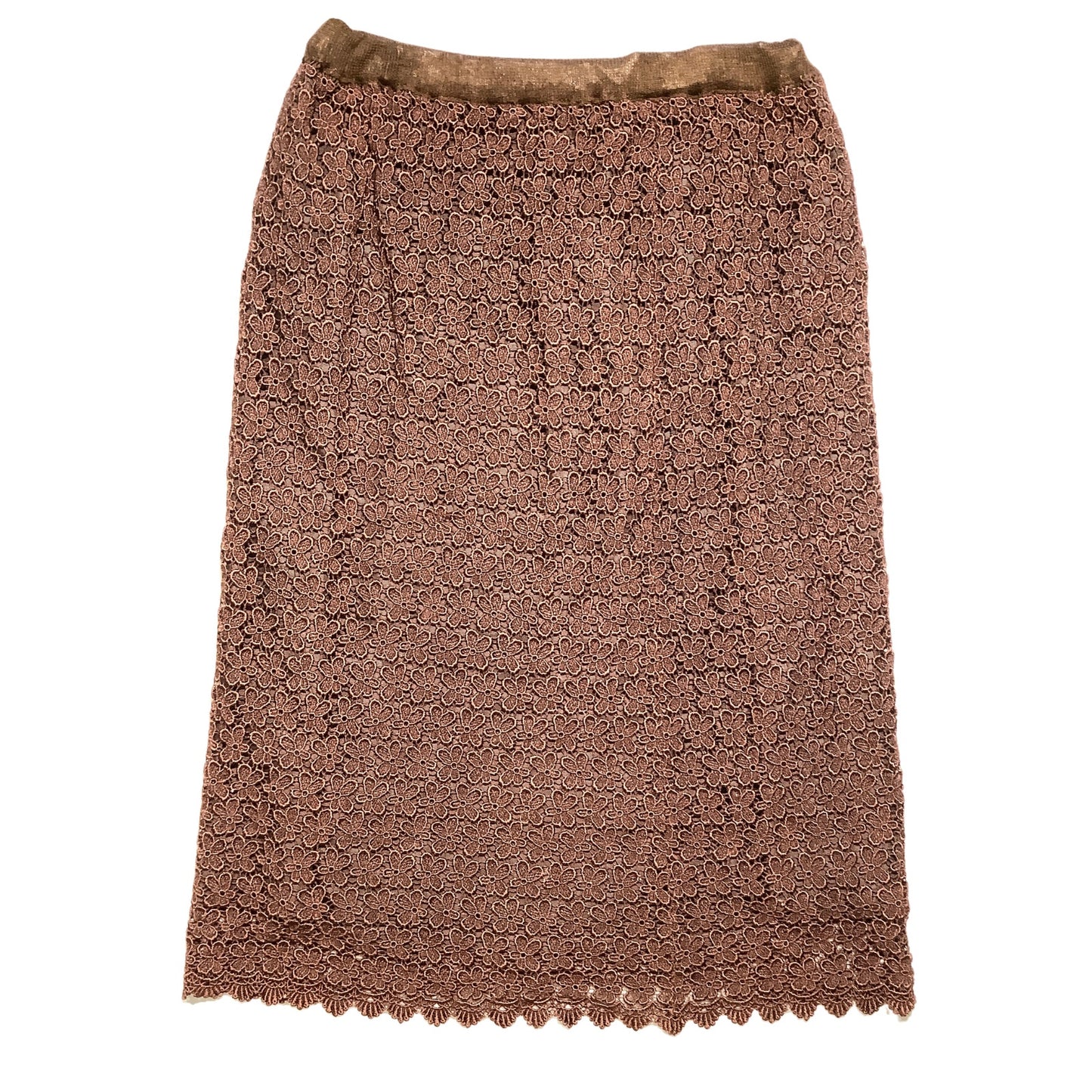 Brown Floral Lace Midi Skirt Women’s — Lined, Drawstring Waist, Elegant